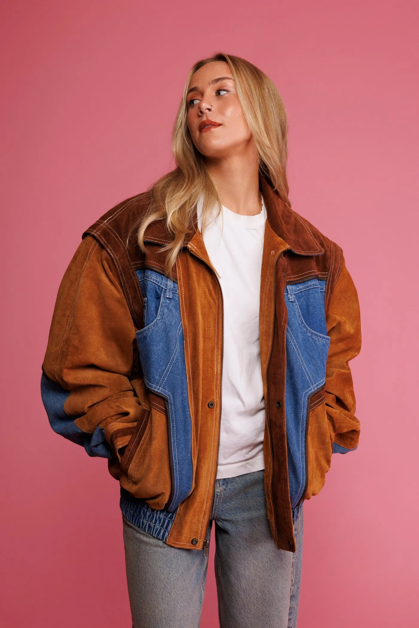 1980's Suede & Denim Bomber Jacket L/XL