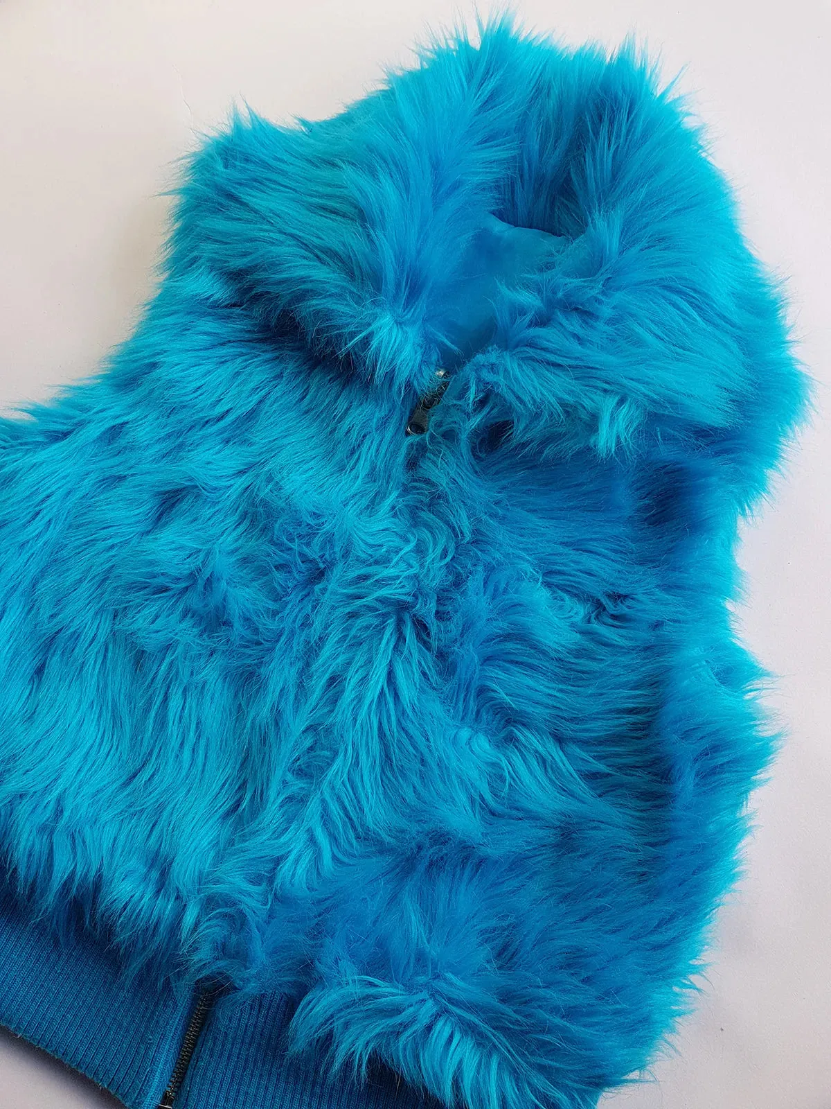 1990s Wild Fun Fur Vest in Electric Blue - Knit Detailing & Super Chunky Metal Zipper & Hardware