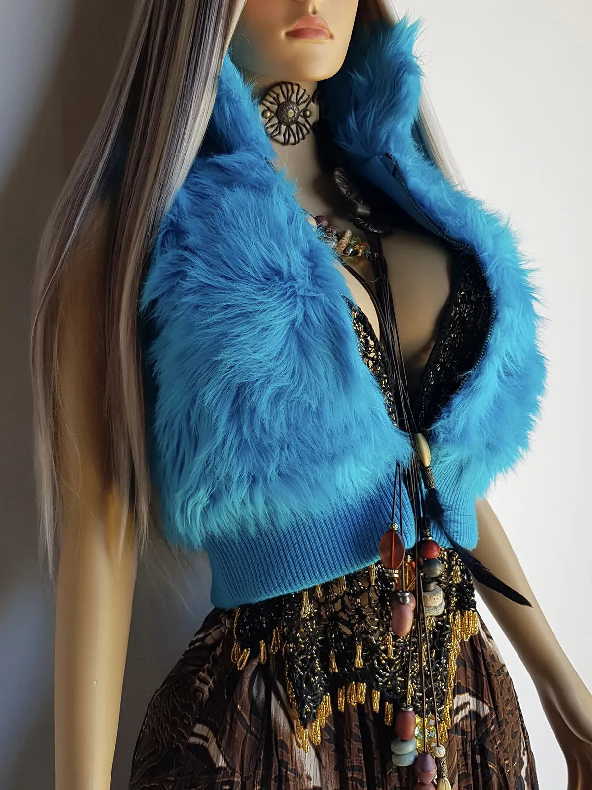 1990s Wild Fun Fur Vest in Electric Blue - Knit Detailing & Super Chunky Metal Zipper & Hardware