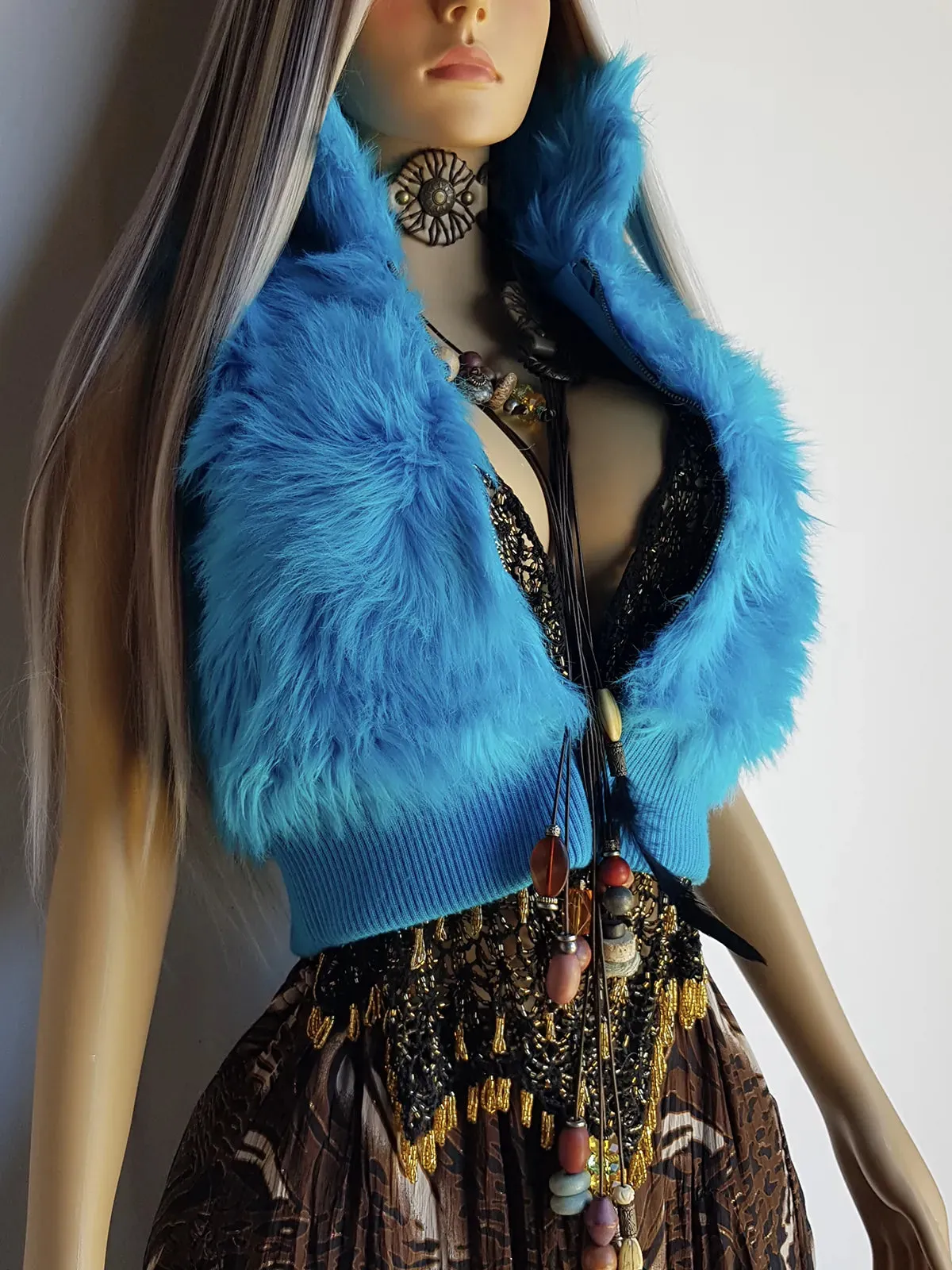 1990s Wild Fun Fur Vest in Electric Blue - Knit Detailing & Super Chunky Metal Zipper & Hardware