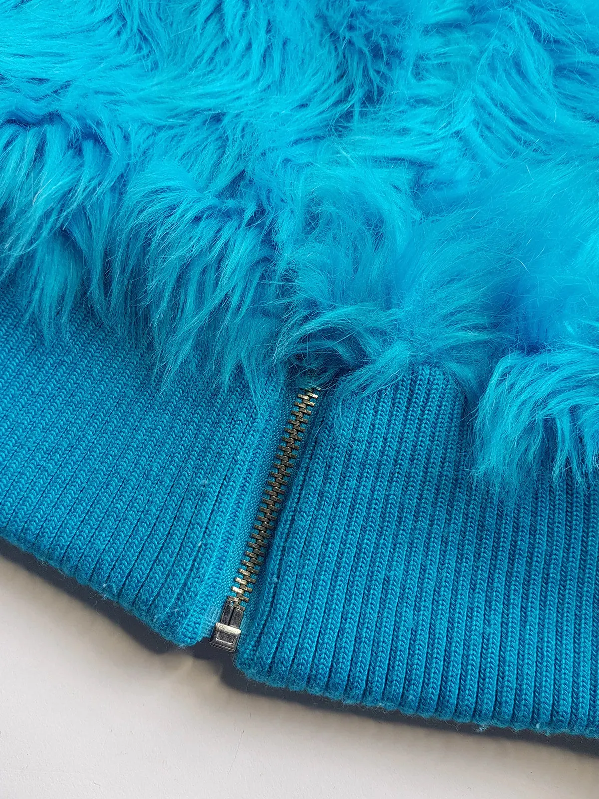 1990s Wild Fun Fur Vest in Electric Blue - Knit Detailing & Super Chunky Metal Zipper & Hardware