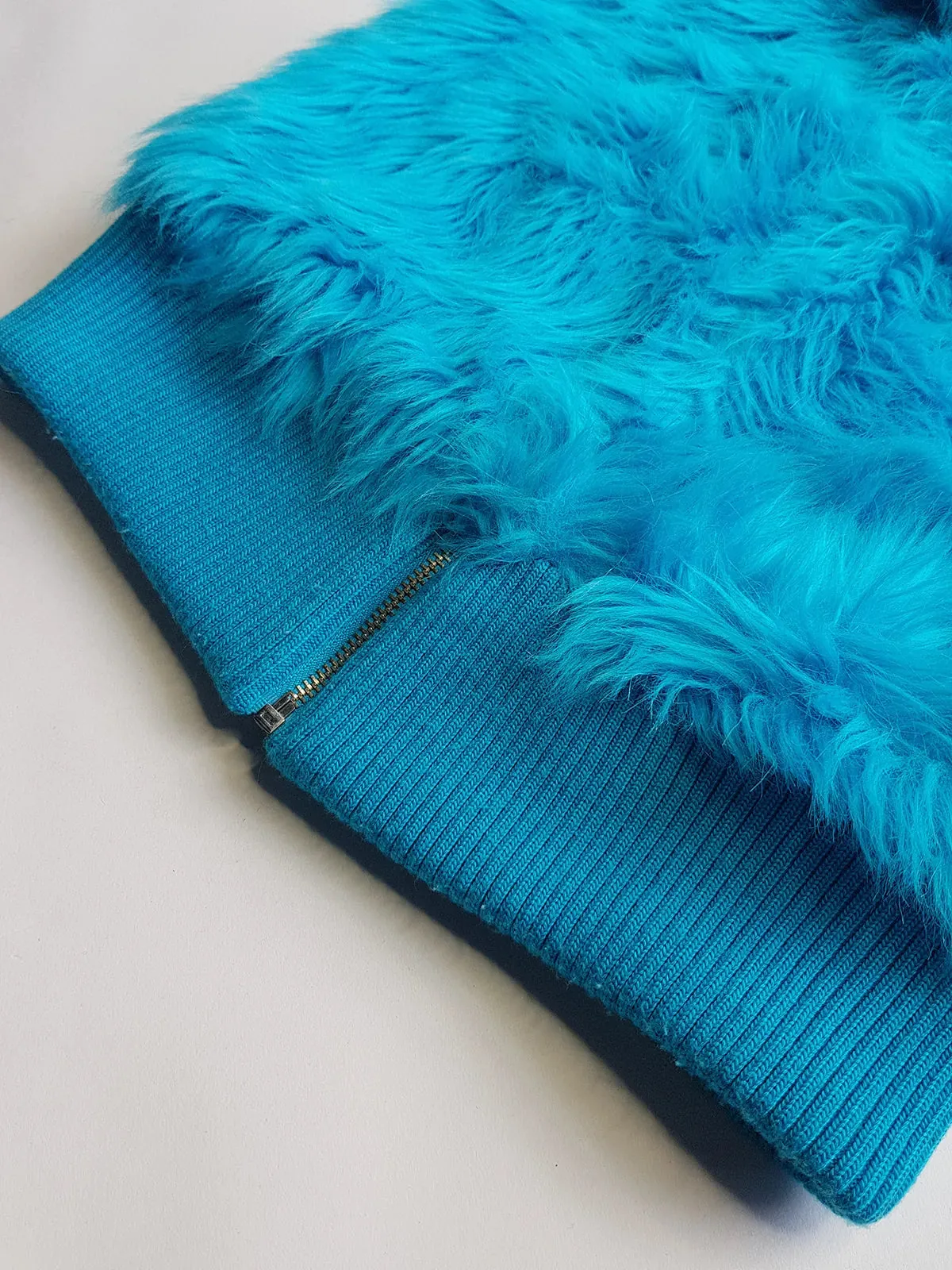 1990s Wild Fun Fur Vest in Electric Blue - Knit Detailing & Super Chunky Metal Zipper & Hardware