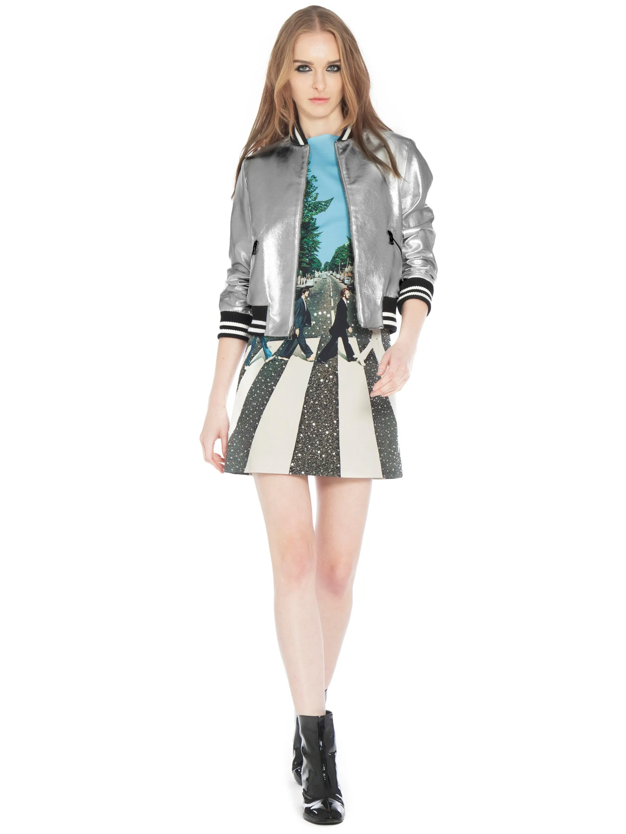 Alice   Olivia - Demia Leather Crop Bomber Jacket