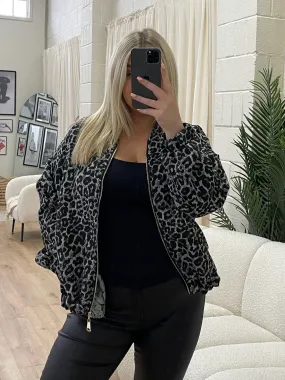 Atlantas Grey Curve Leopard Print Cropped Jacket