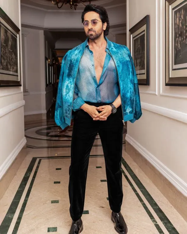 Ayushmann Khurrana in Our Jade Blue Printed Lurex Shirt and Jade Blue Printed Velvet Bomber Jacket from Our Matrix Collection