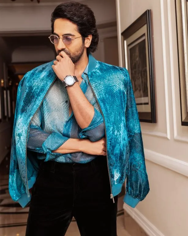 Ayushmann Khurrana in Our Jade Blue Printed Lurex Shirt and Jade Blue Printed Velvet Bomber Jacket from Our Matrix Collection