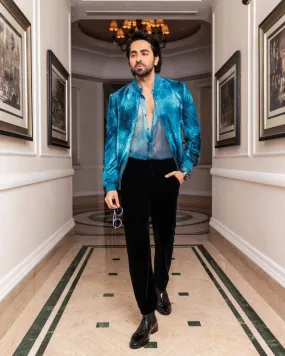 Ayushmann Khurrana in Our Jade Blue Printed Lurex Shirt and Jade Blue Printed Velvet Bomber Jacket from Our Matrix Collection