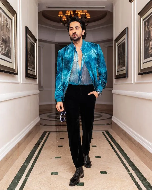 Ayushmann Khurrana in Our Jade Blue Printed Lurex Shirt and Jade Blue Printed Velvet Bomber Jacket from Our Matrix Collection