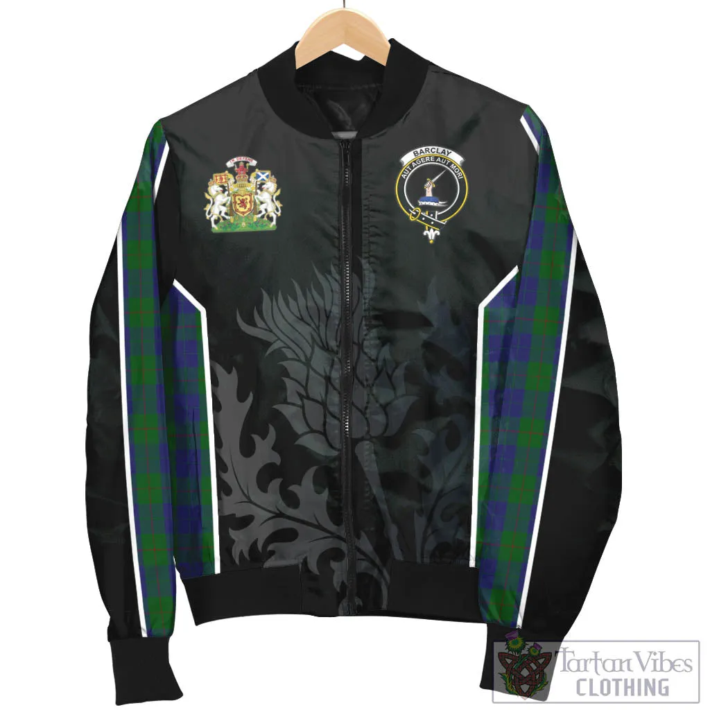 Barclay Tartan Bomber Jacket with Family Crest and Scottish Thistle Vibes Sport Style