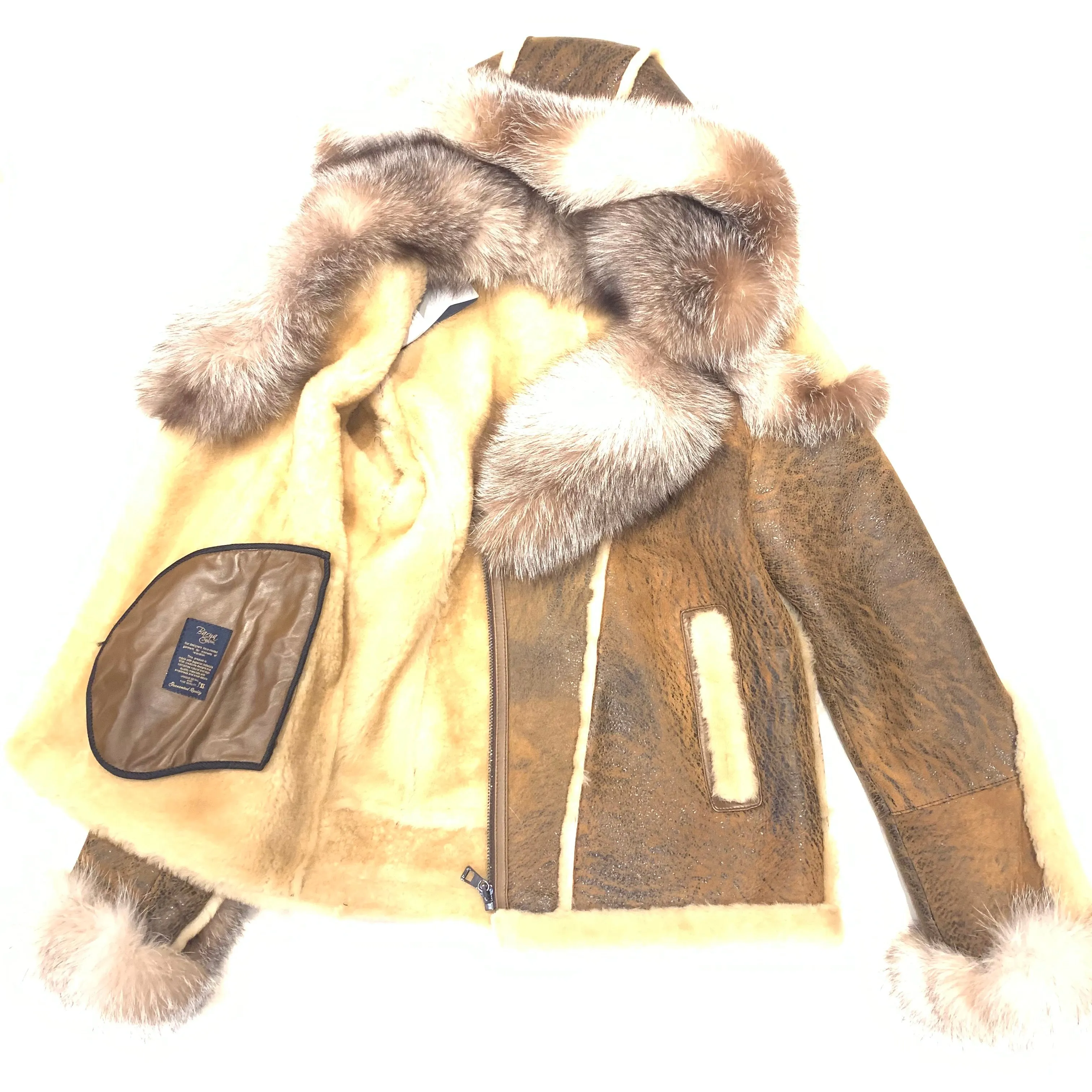 Barya NewYork Caramel Oversized Fox Collar Biker Shearling Coat