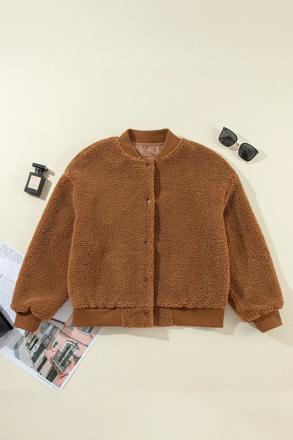 Baseball Collar Long Sleeve Sherpa Jacket