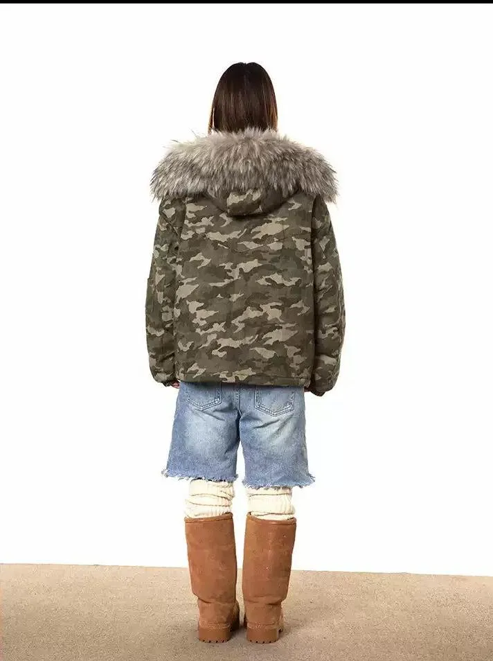 BB Detachable Fur Collar Hooded Camouflage Jacket