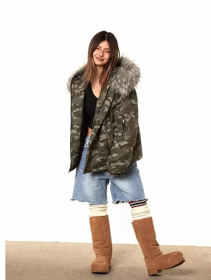 BB Detachable Fur Collar Hooded Camouflage Jacket