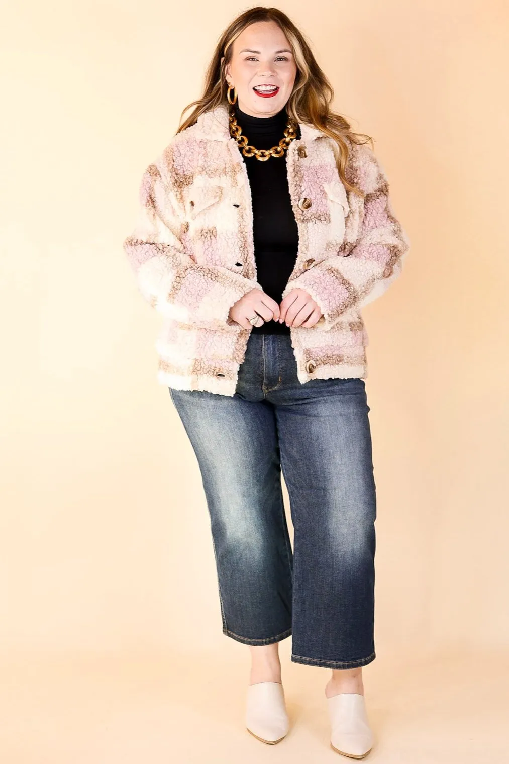 Better in Brooklyn Plaid Button Up Sherpa Jacket in Pink and Ivory