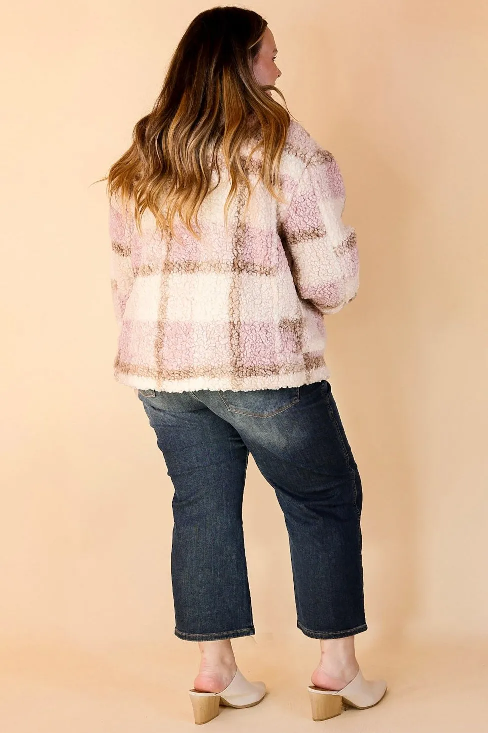 Better in Brooklyn Plaid Button Up Sherpa Jacket in Pink and Ivory