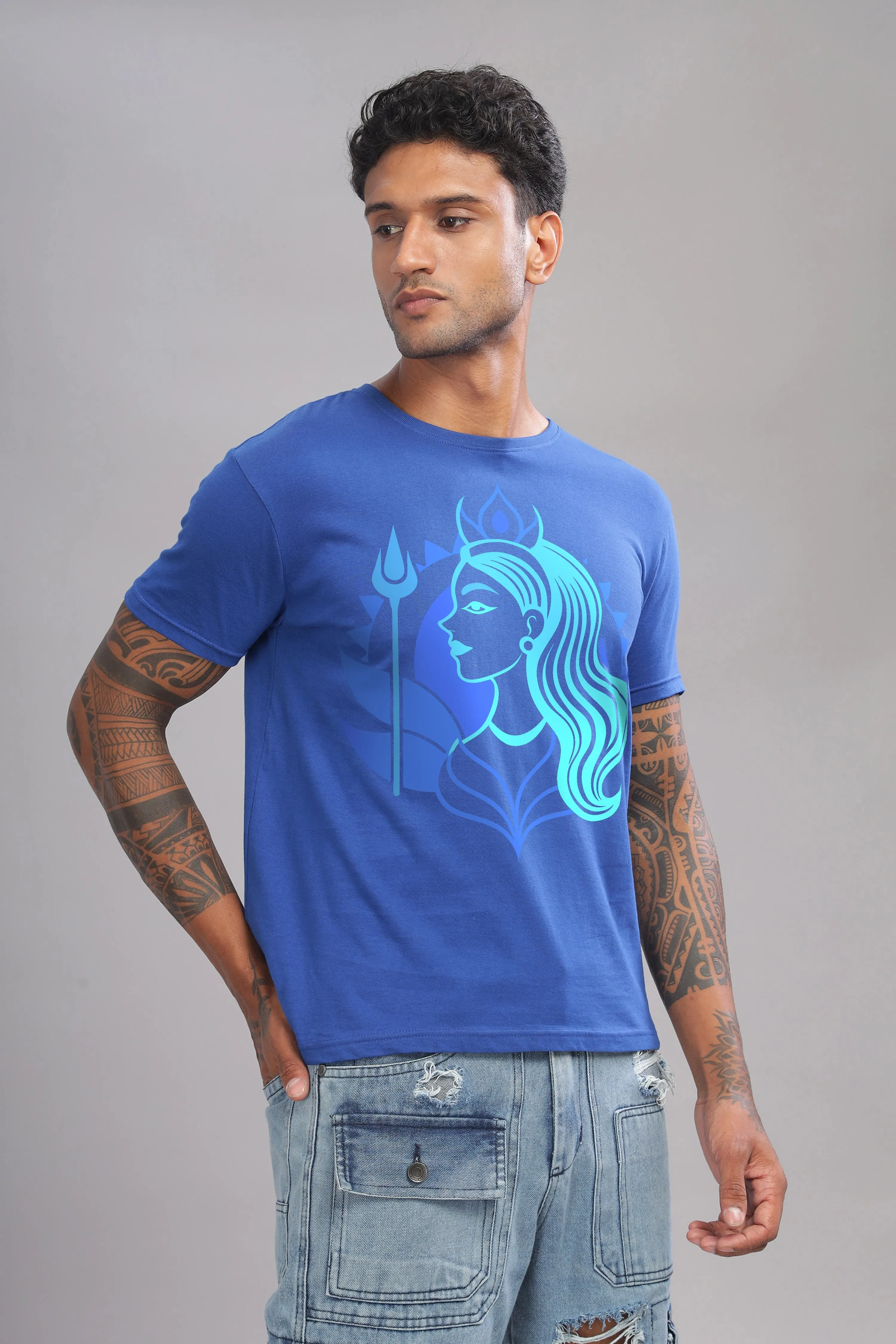 Bhavya - 100% Cotton Royal Blue Crewneck Half Sleeve T-Shirt