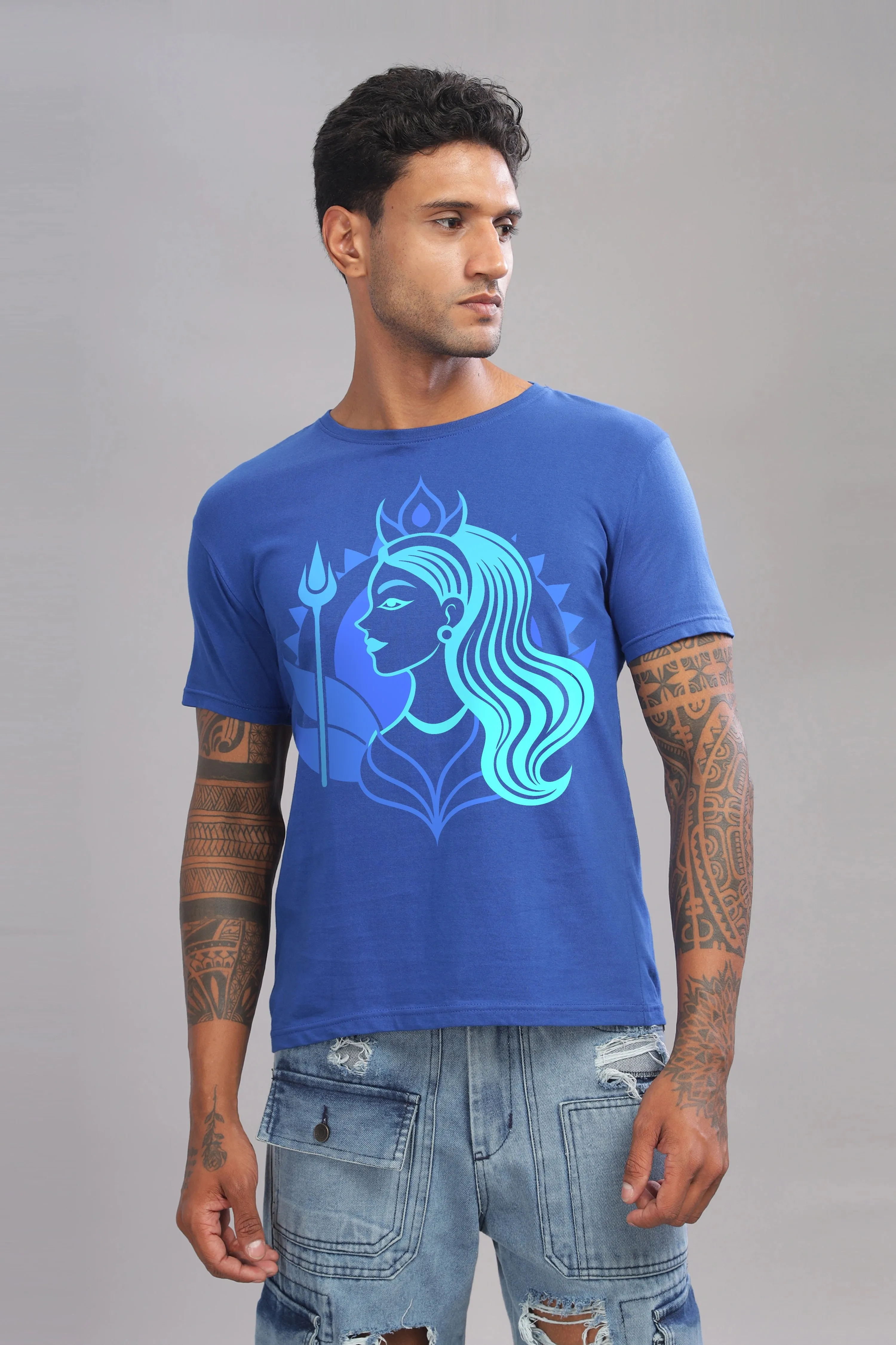 Bhavya - 100% Cotton Royal Blue Crewneck Half Sleeve T-Shirt