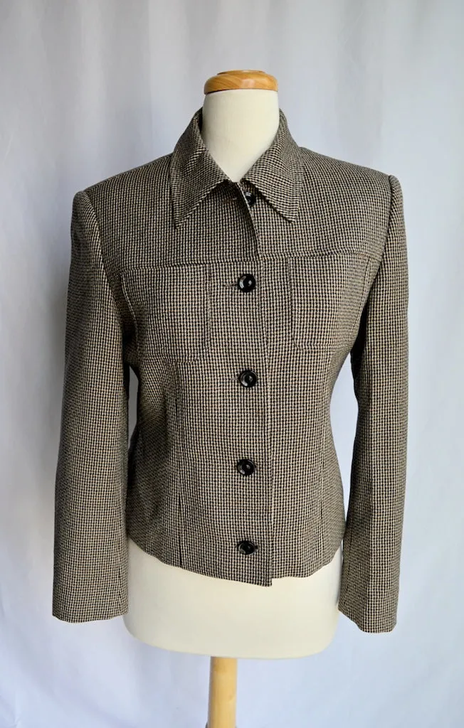 Black and Beige Checkered Wool Cropped Blazer | Small-Medium