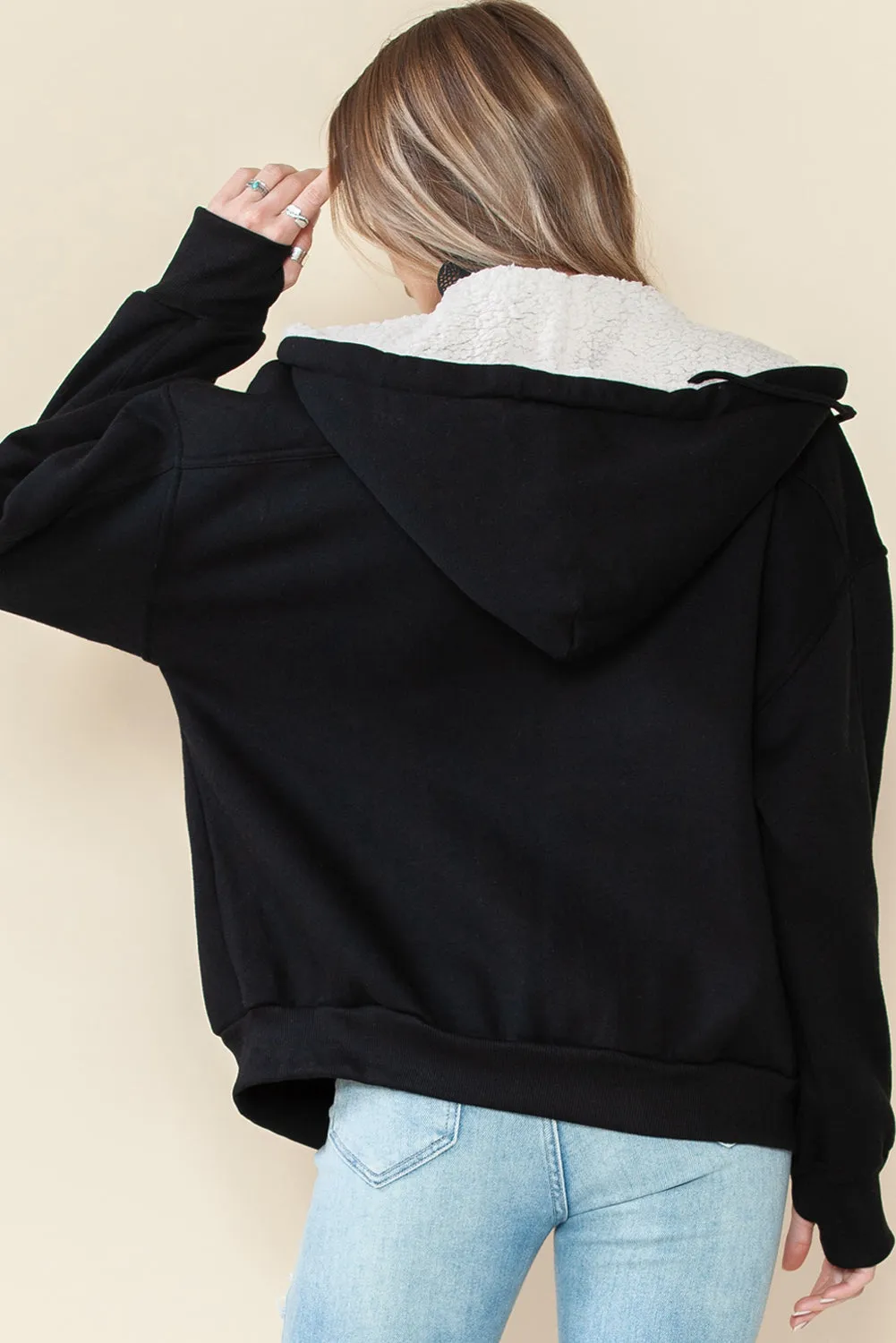 Black Sherpa Hooded Athleisure Zip Up Sweatshirt