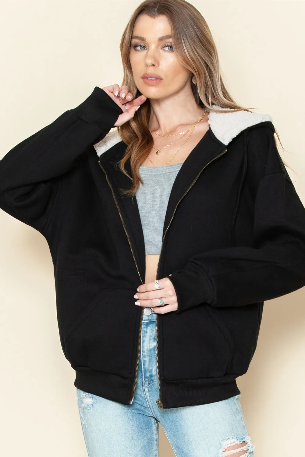 Black Sherpa Hooded Athleisure Zip Up Sweatshirt