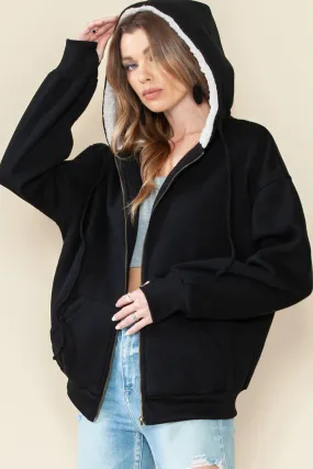 Black Sherpa Hooded Athleisure Zip Up Sweatshirt