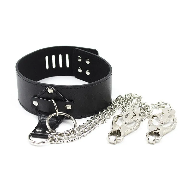 Bondage Collar, Chain and Nipple Clamps