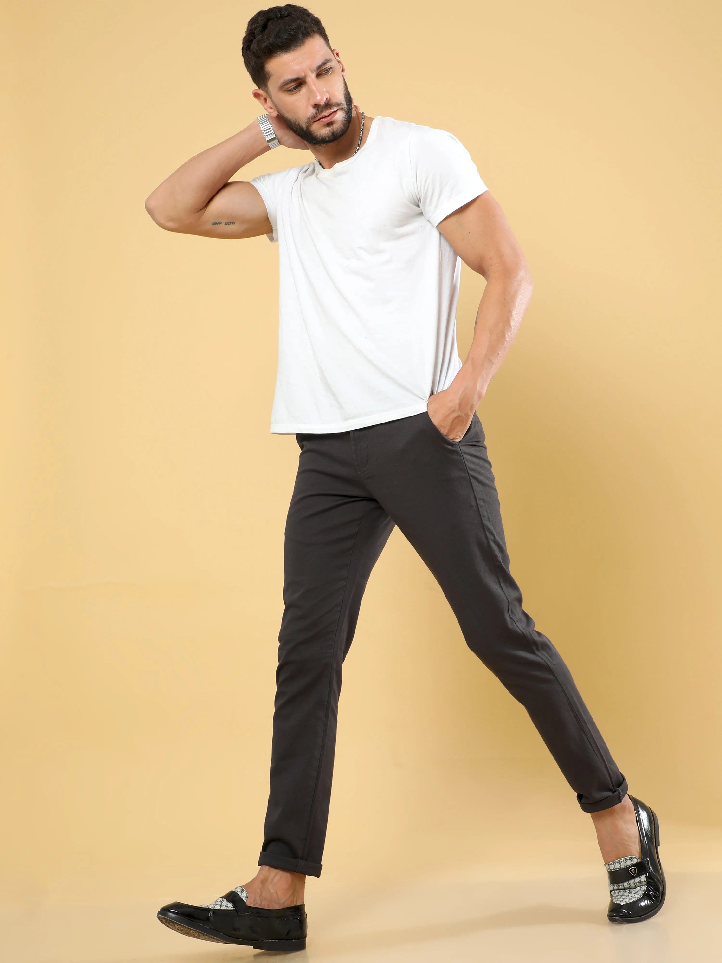 Box Dobby Dark Grey Cotton Chino