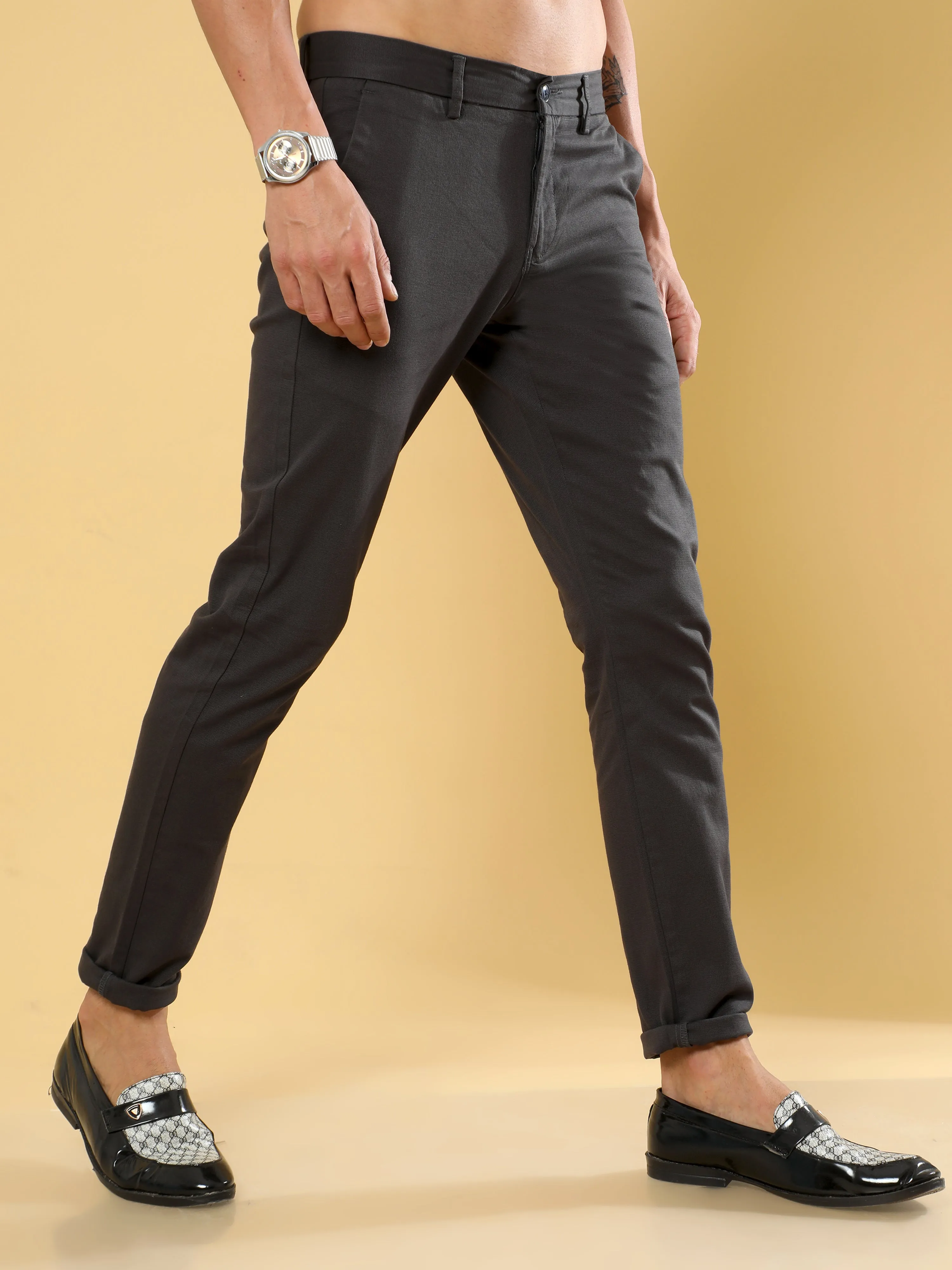 Box Dobby Dark Grey Cotton Chino