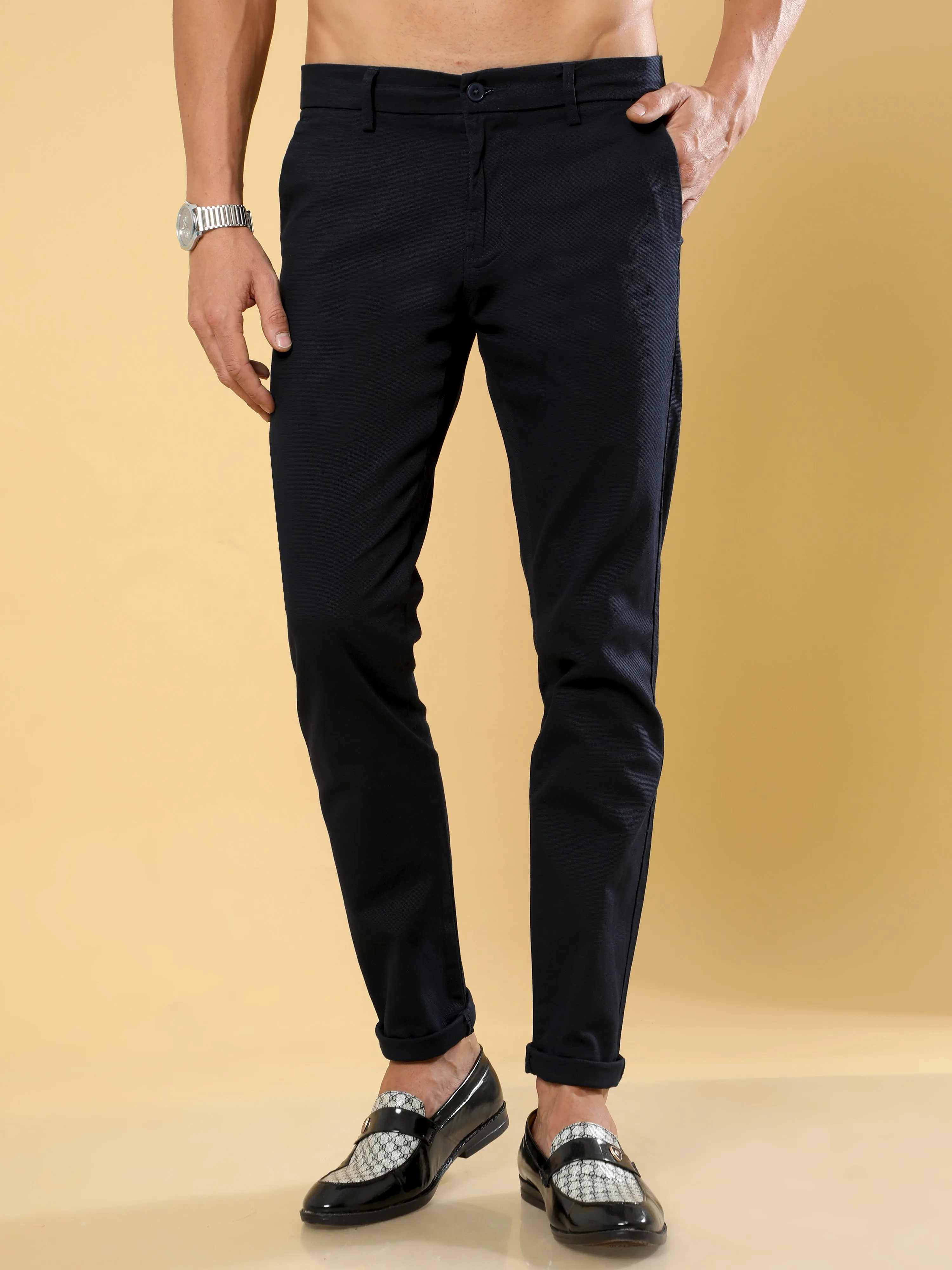 Box Dobby Navy Cotton Chino