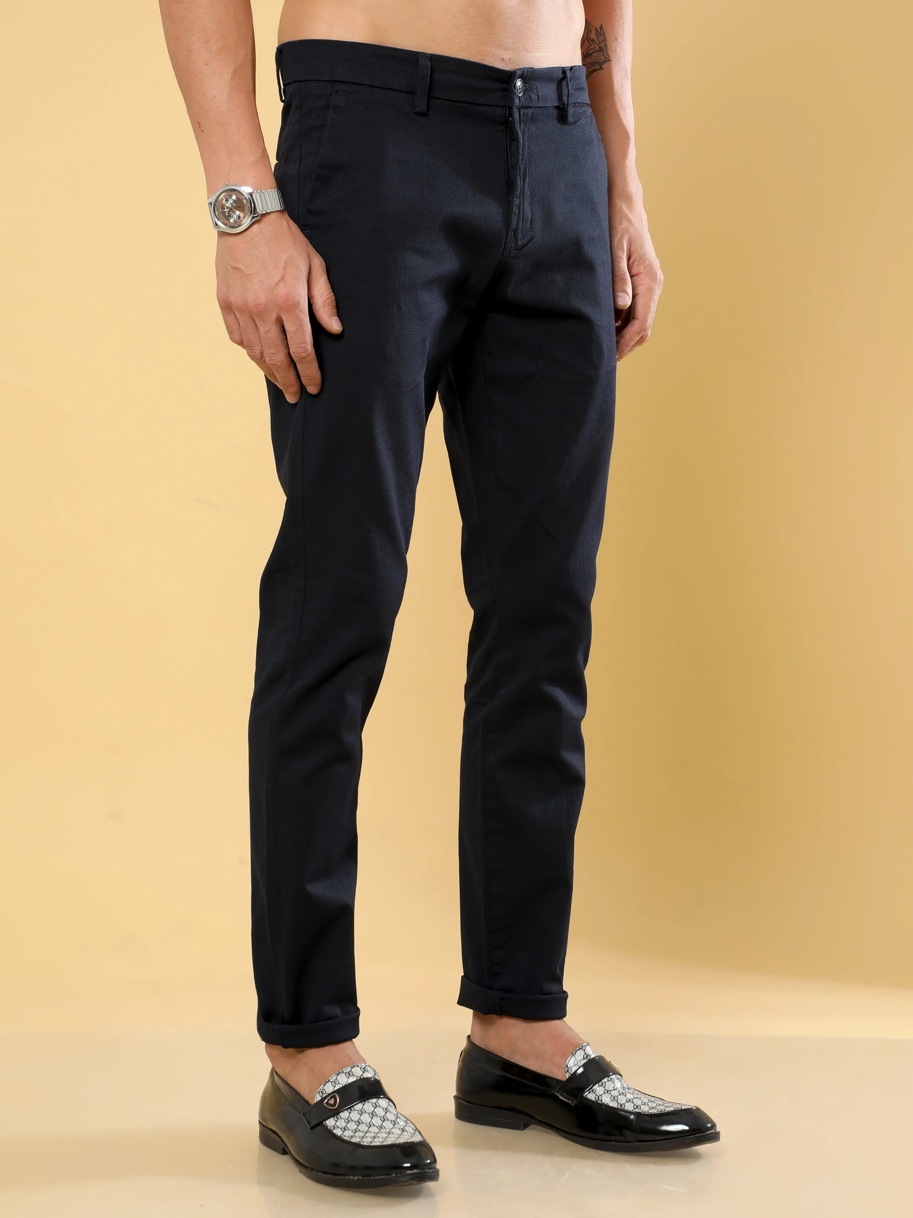 Box Dobby Navy Cotton Chino