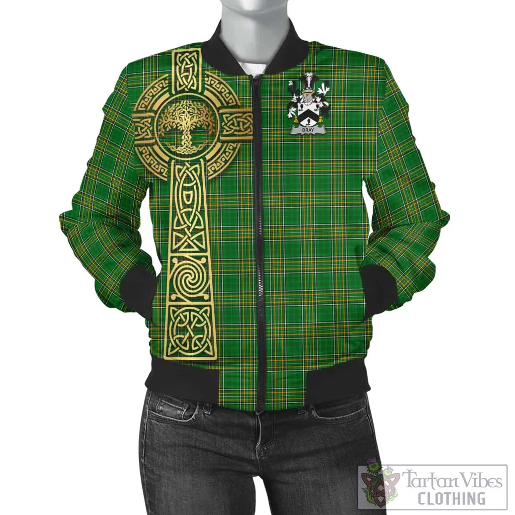 Bray Irish Clan Tartan Bomber Jacket with Coat of Arms Celtic Tree of Life Style