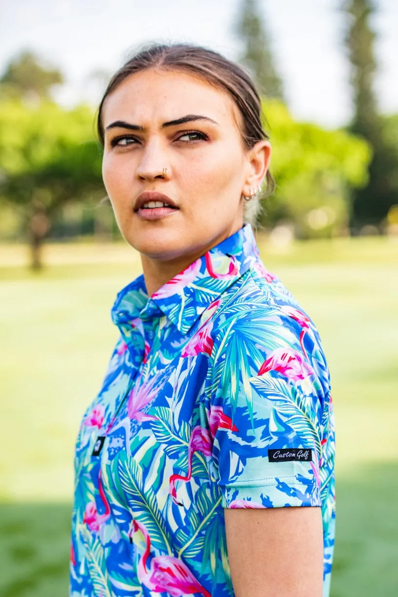 CA Ladies Funky Golf Shirt | Pastel Dazzle Flamingos