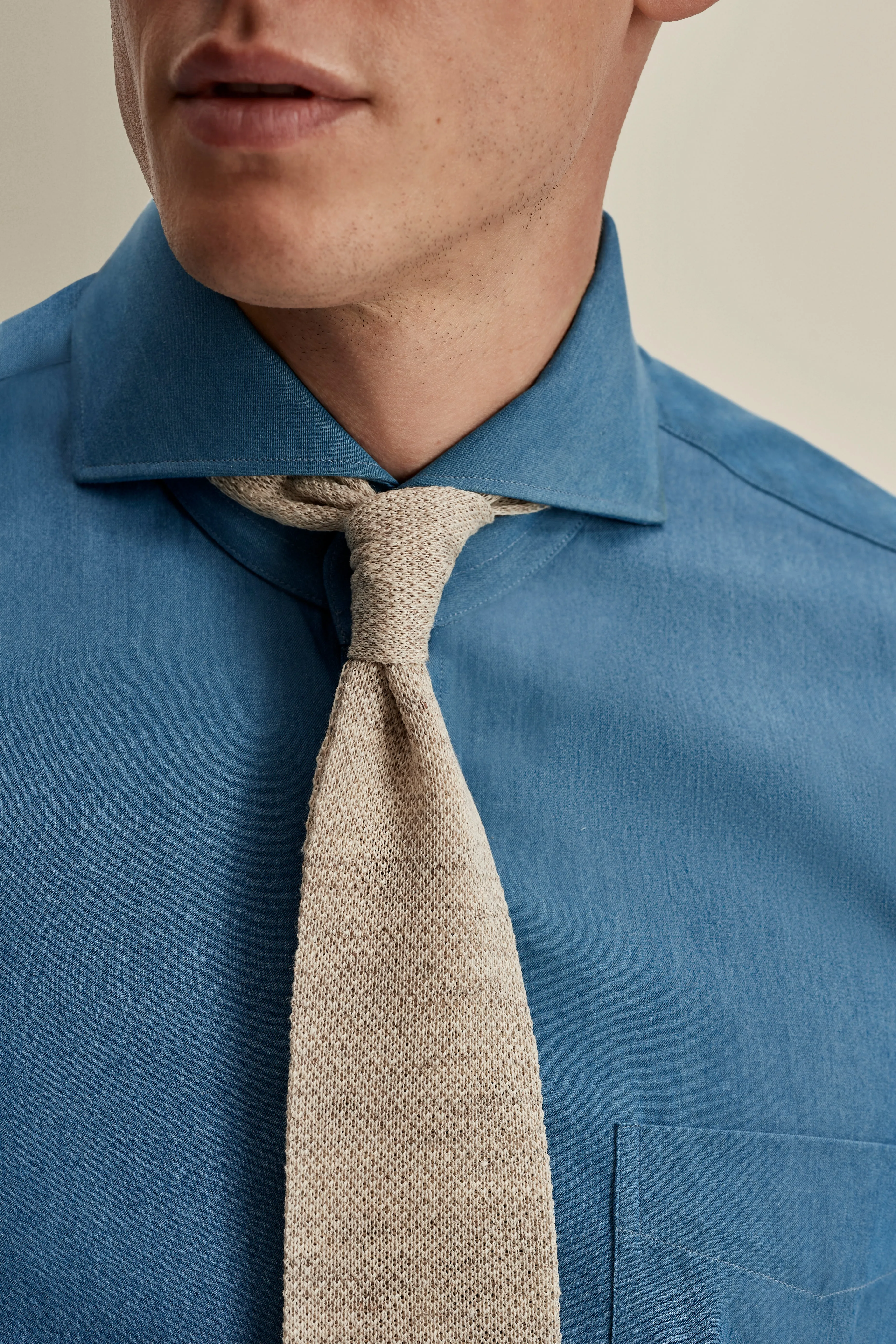 Cotton Chambray Cut Away Collar Shirt