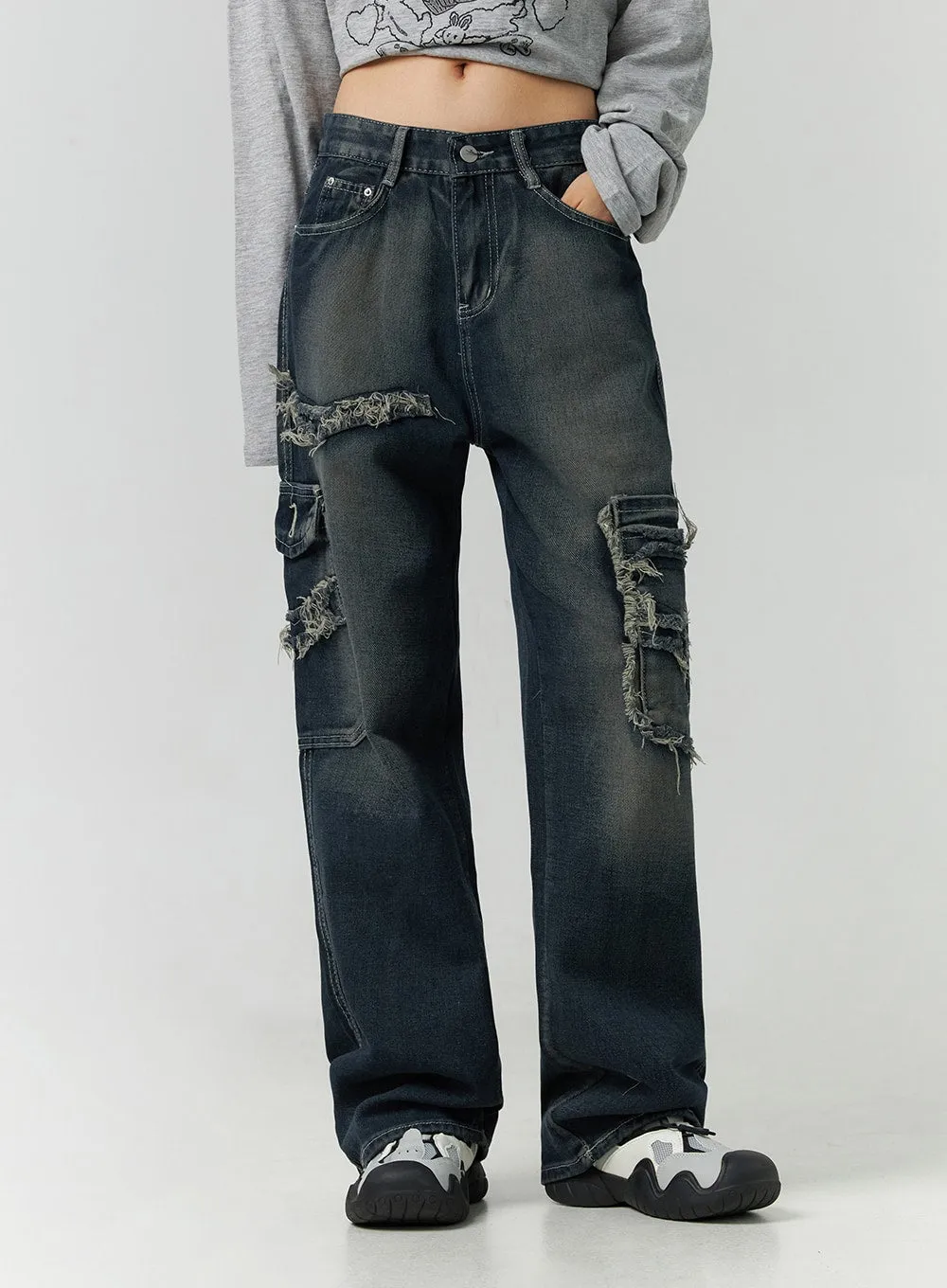 Destroyed Pocket Straight Leg Jeans CD301