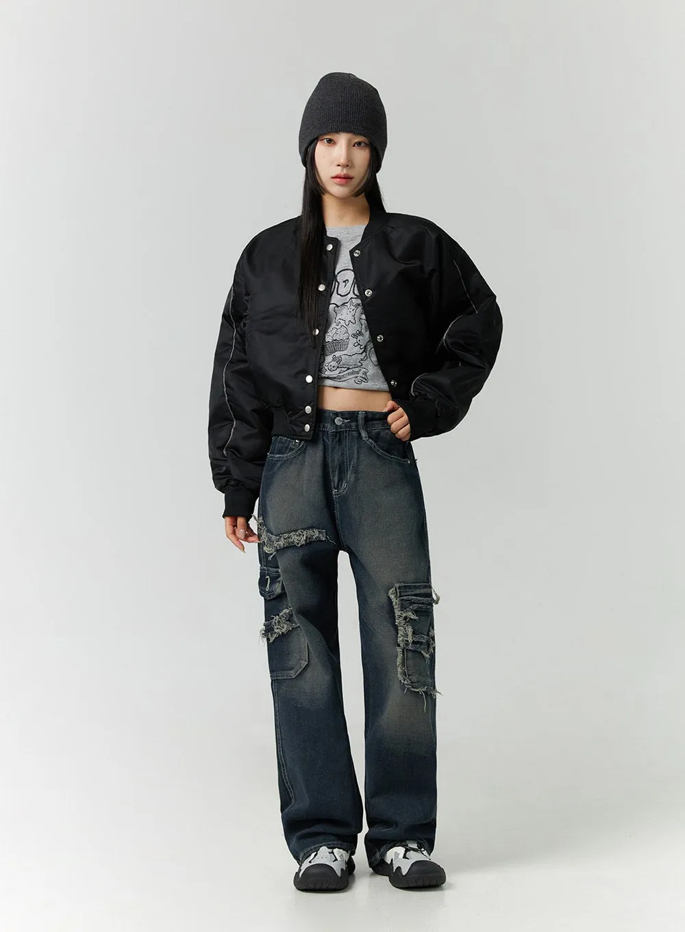 Destroyed Pocket Straight Leg Jeans CD301