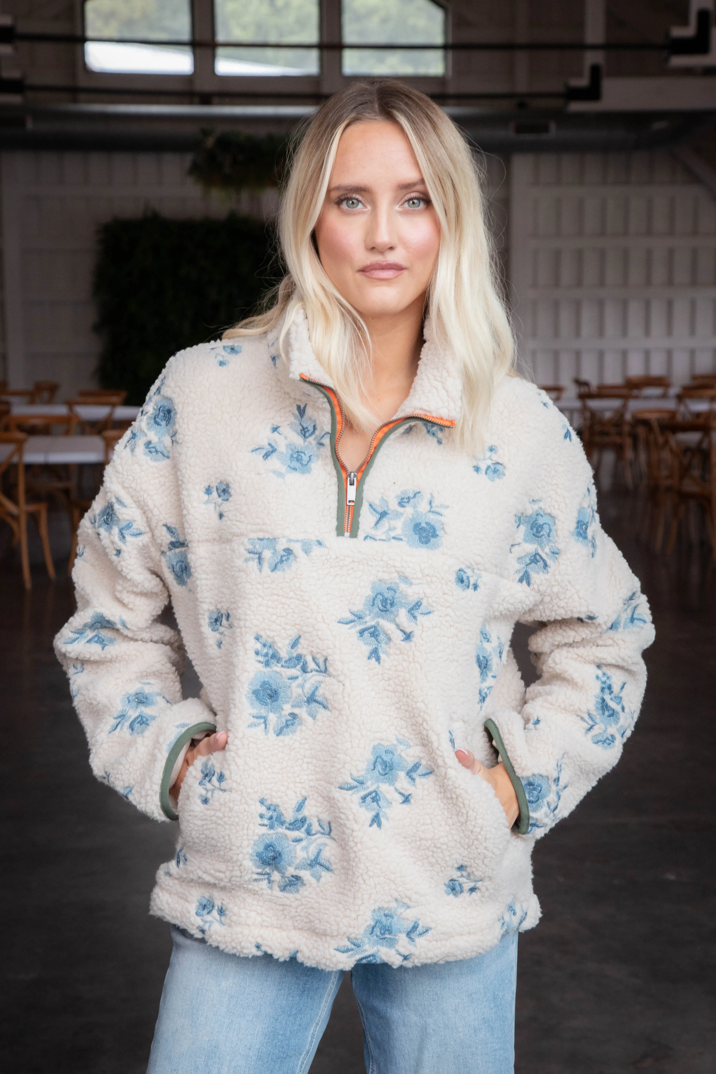 Elin Embroidered Sherpa Pullover, Cream | RD Style