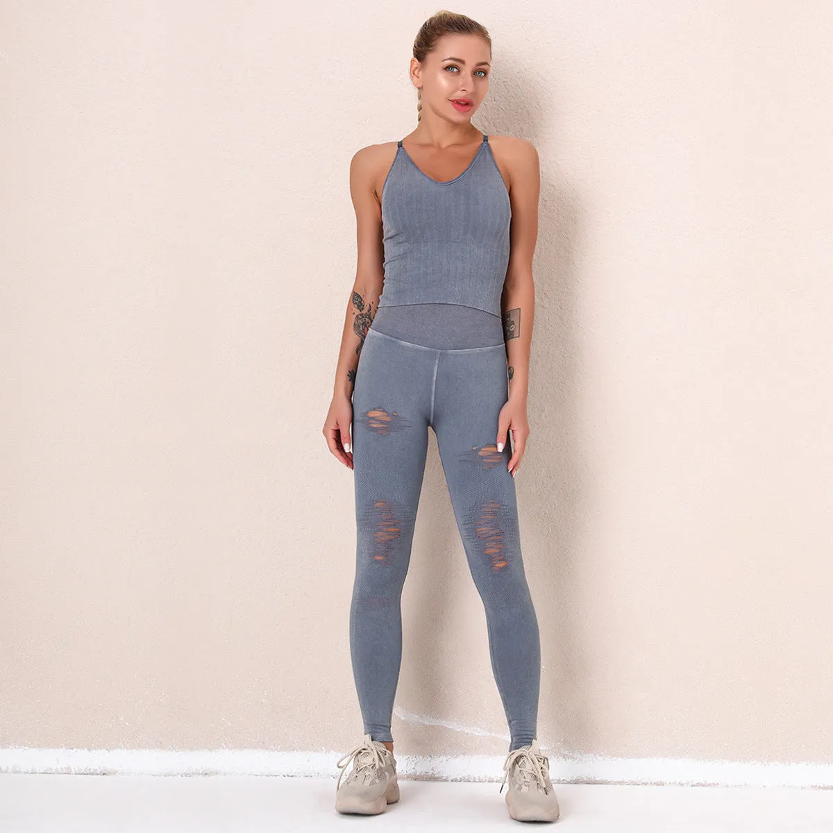 European and American Washed Seamless Fashion Fashion Holes Yoga Suit Women's Sports Running Hip-Lifting Fitness Pants