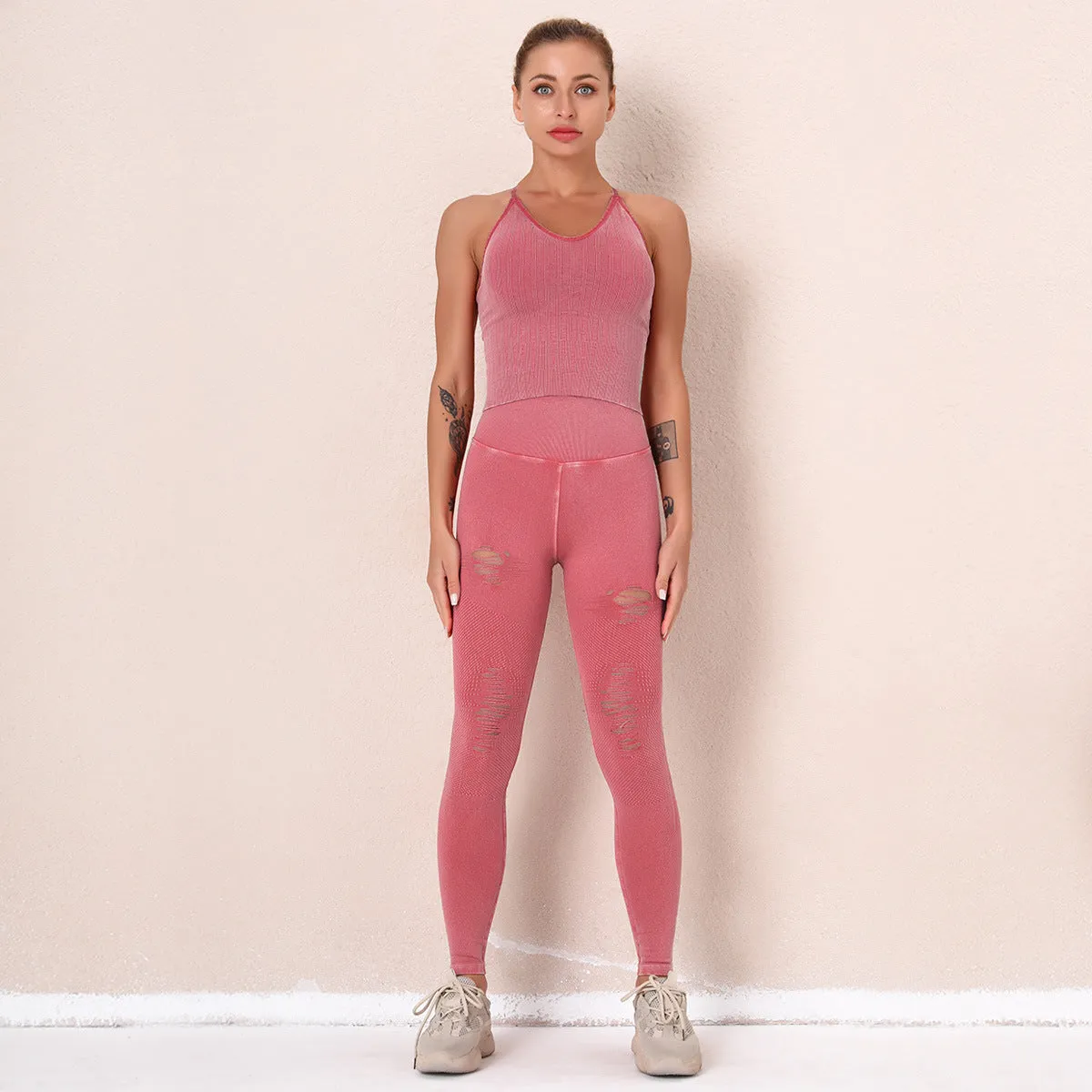 European and American Washed Seamless Fashion Fashion Holes Yoga Suit Women's Sports Running Hip-Lifting Fitness Pants