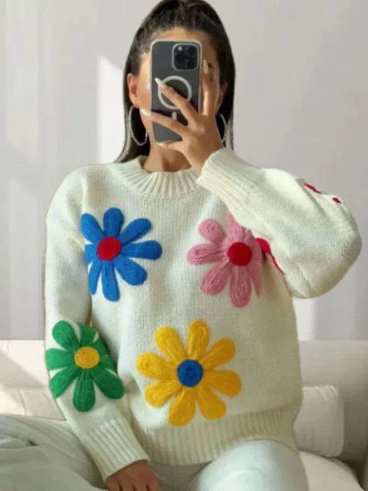 Flower Patch Work Pullover Plush Sweater