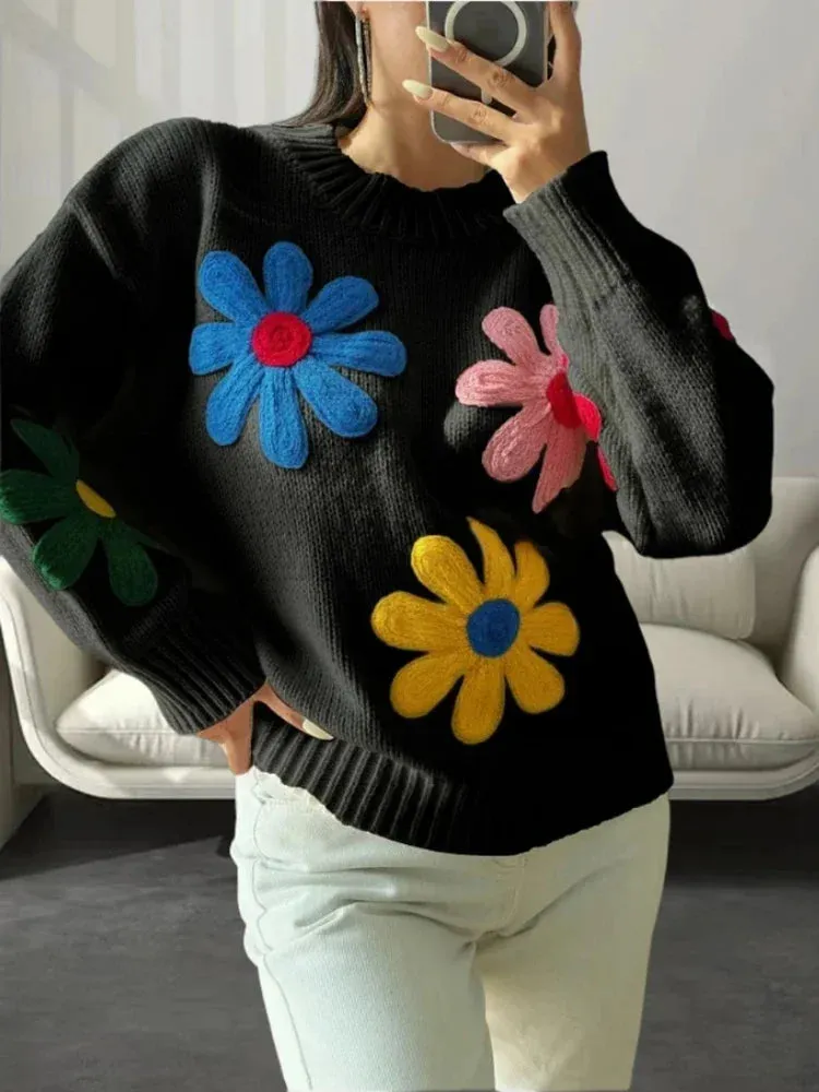 Flower Patch Work Pullover Plush Sweater