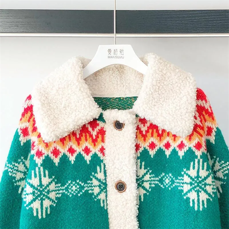 Fluffy Collar Christmas Women's Cardigan: Bold Xmas print for those colder months