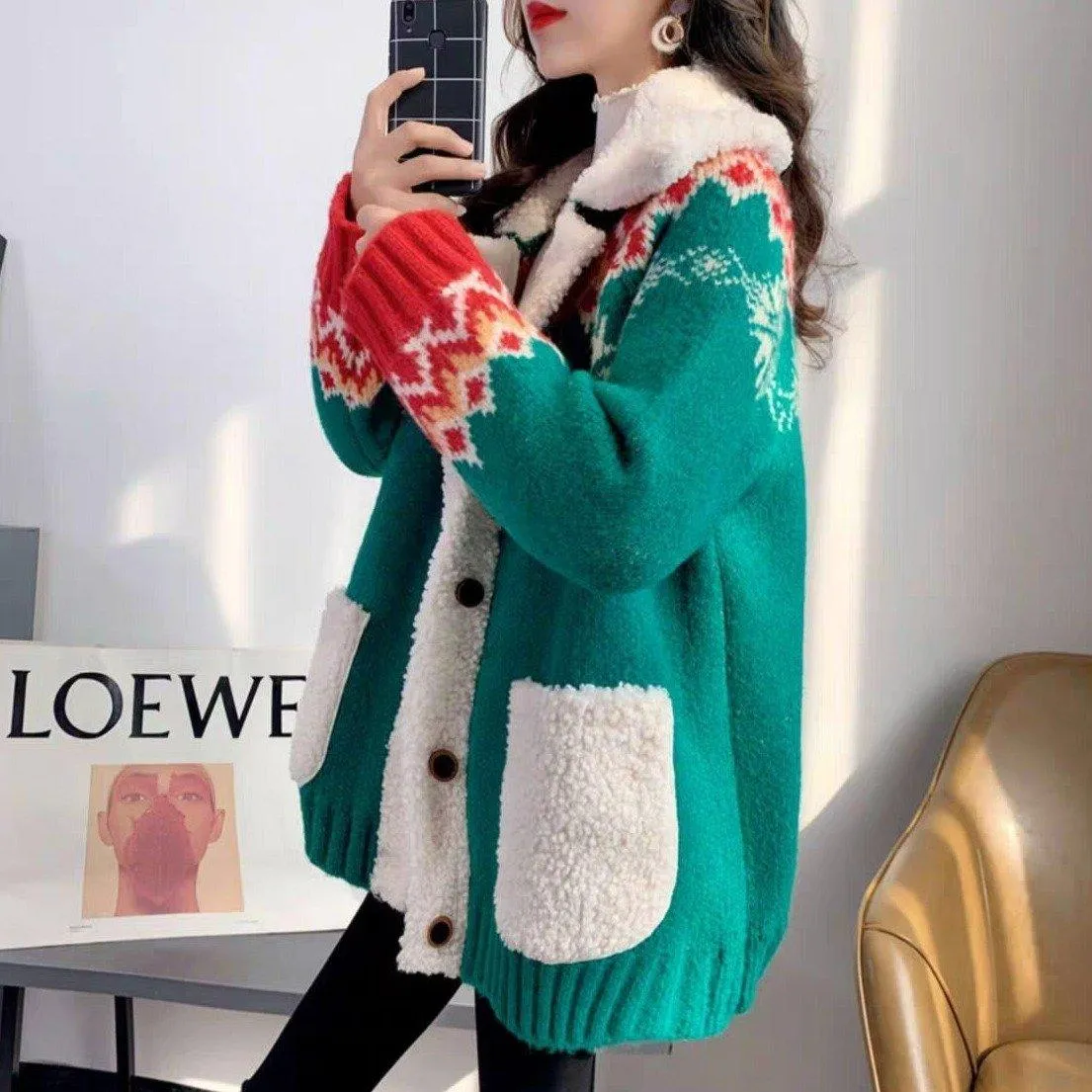 Fluffy Collar Christmas Women's Cardigan: Bold Xmas print for those colder months