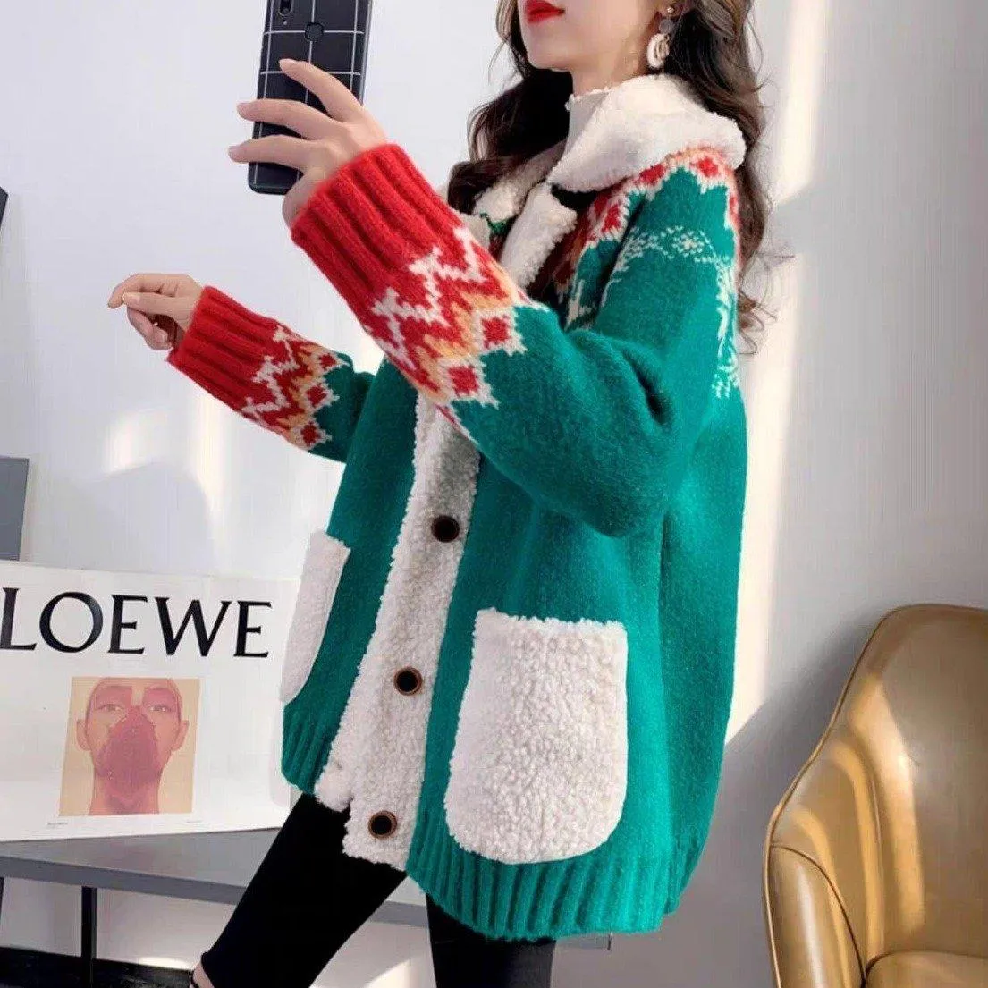 Fluffy Collar Christmas Women's Cardigan: Bold Xmas print for those colder months