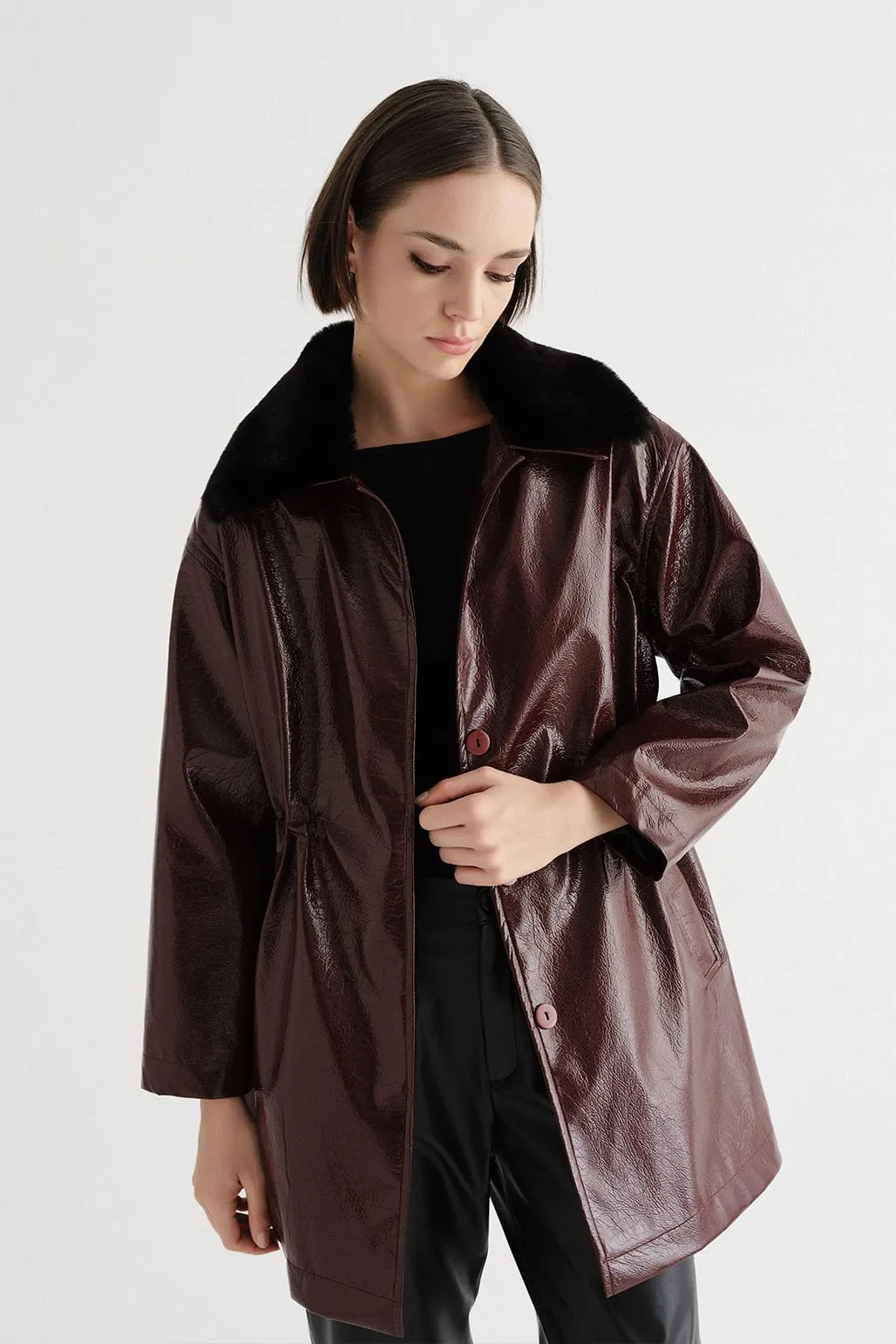 Fur Collar Patent Leather Kimono Burgundy