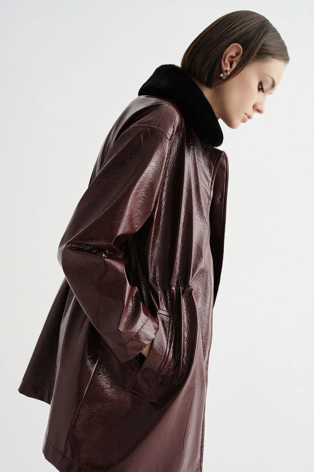 Fur Collar Patent Leather Kimono Burgundy