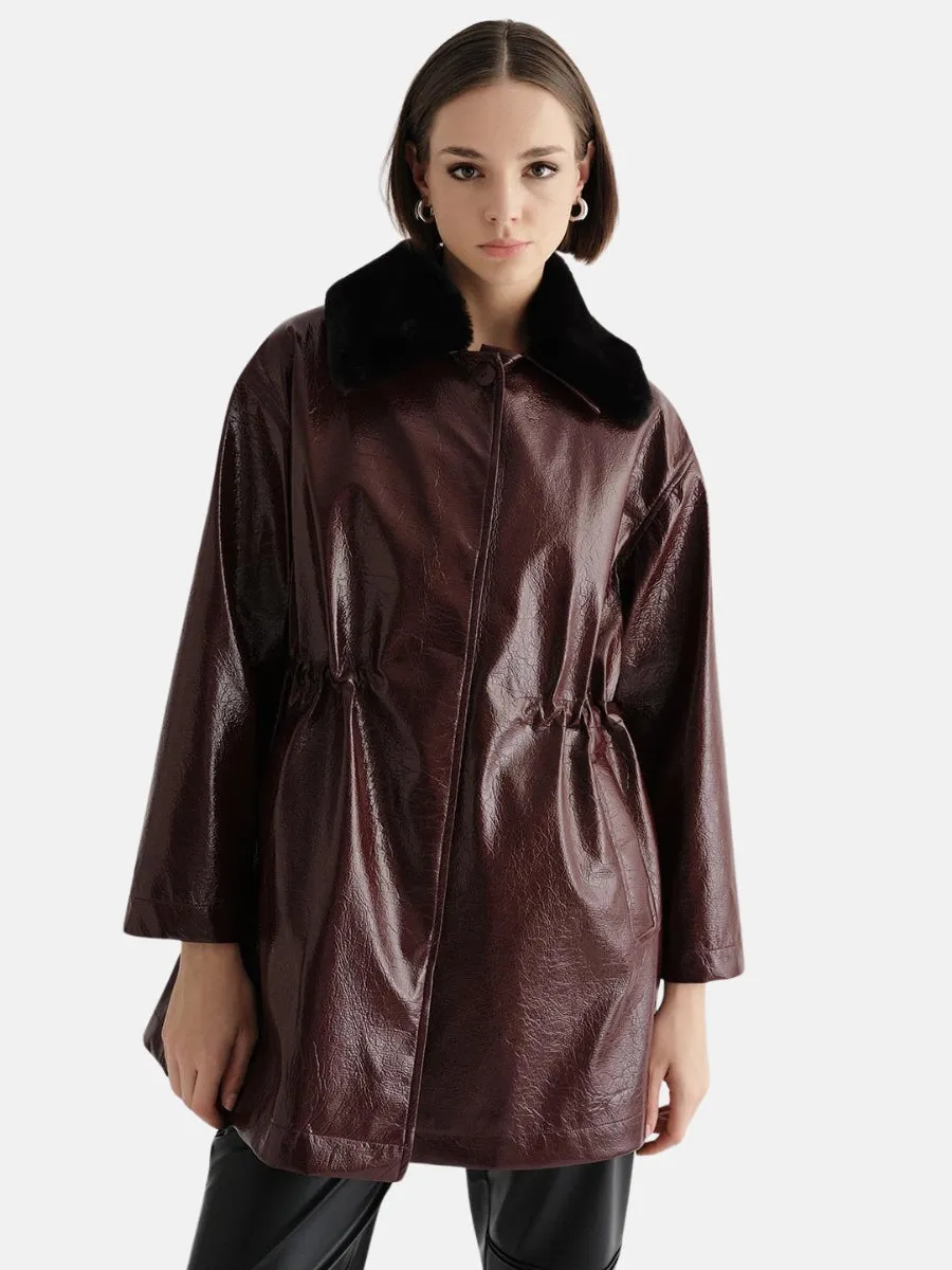 Fur Collar Patent Leather Kimono Burgundy