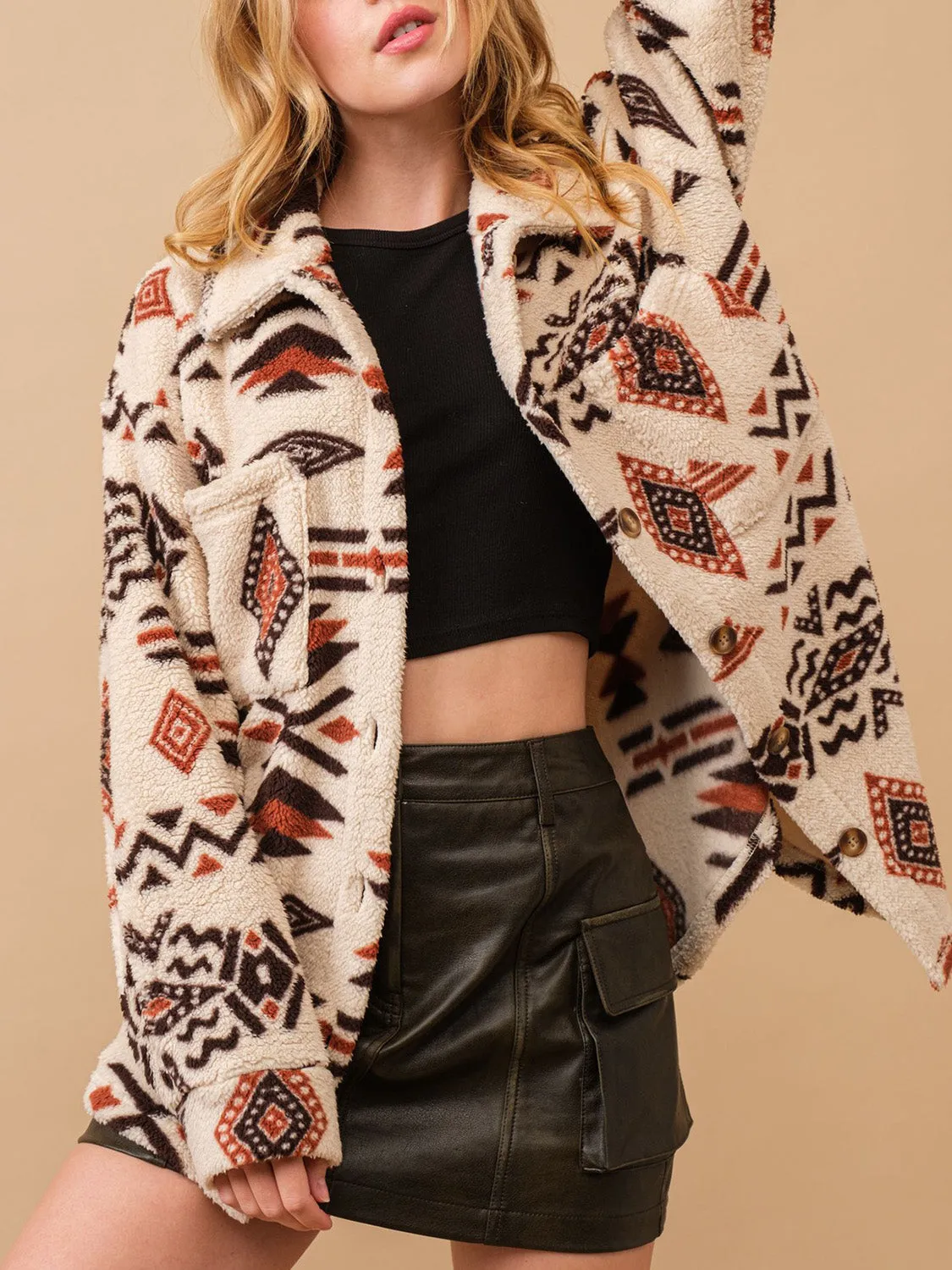 Geometric Button Up Long Sleeve Sherpa Jacket