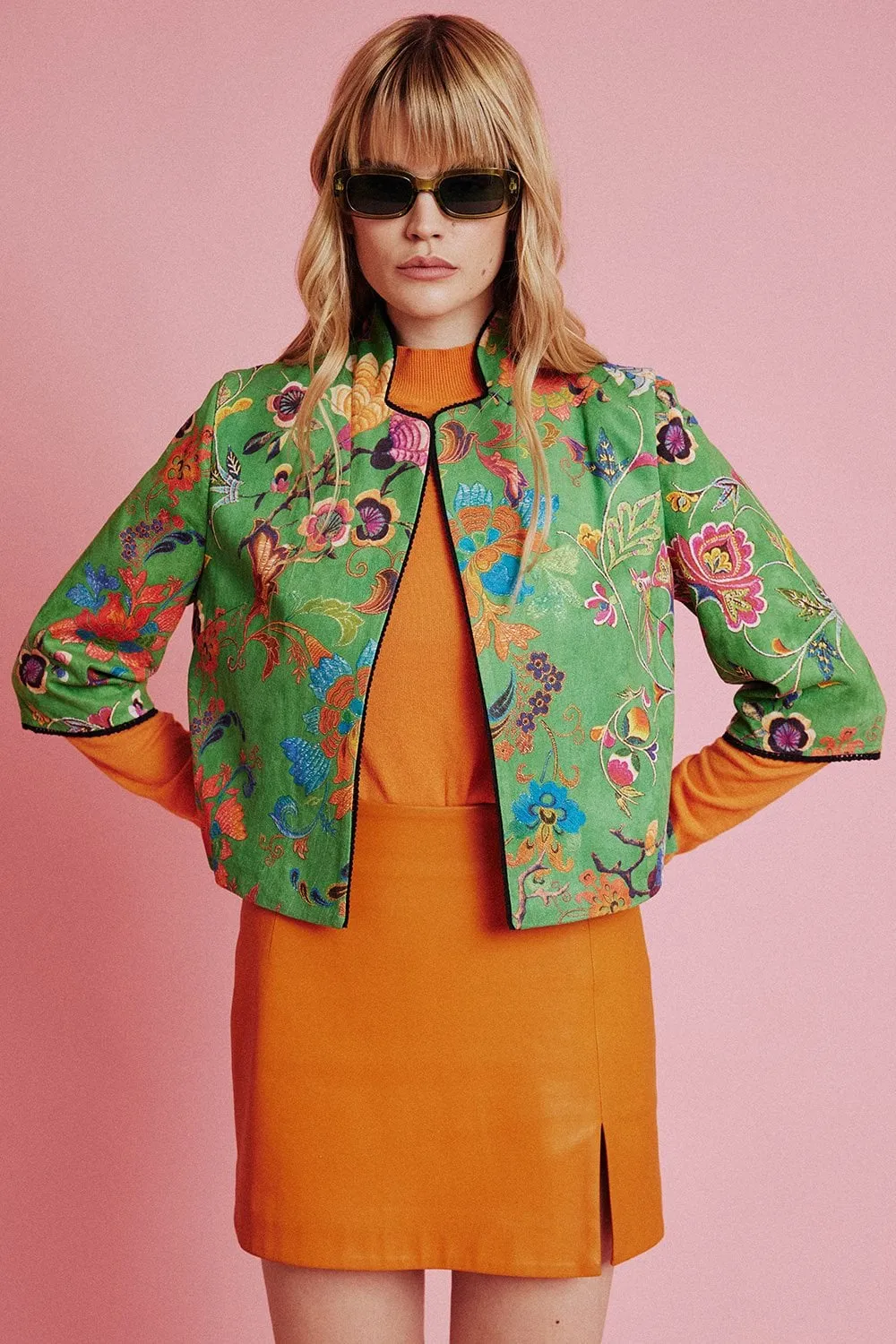 Green Faux Suede Floral Printed Jacket