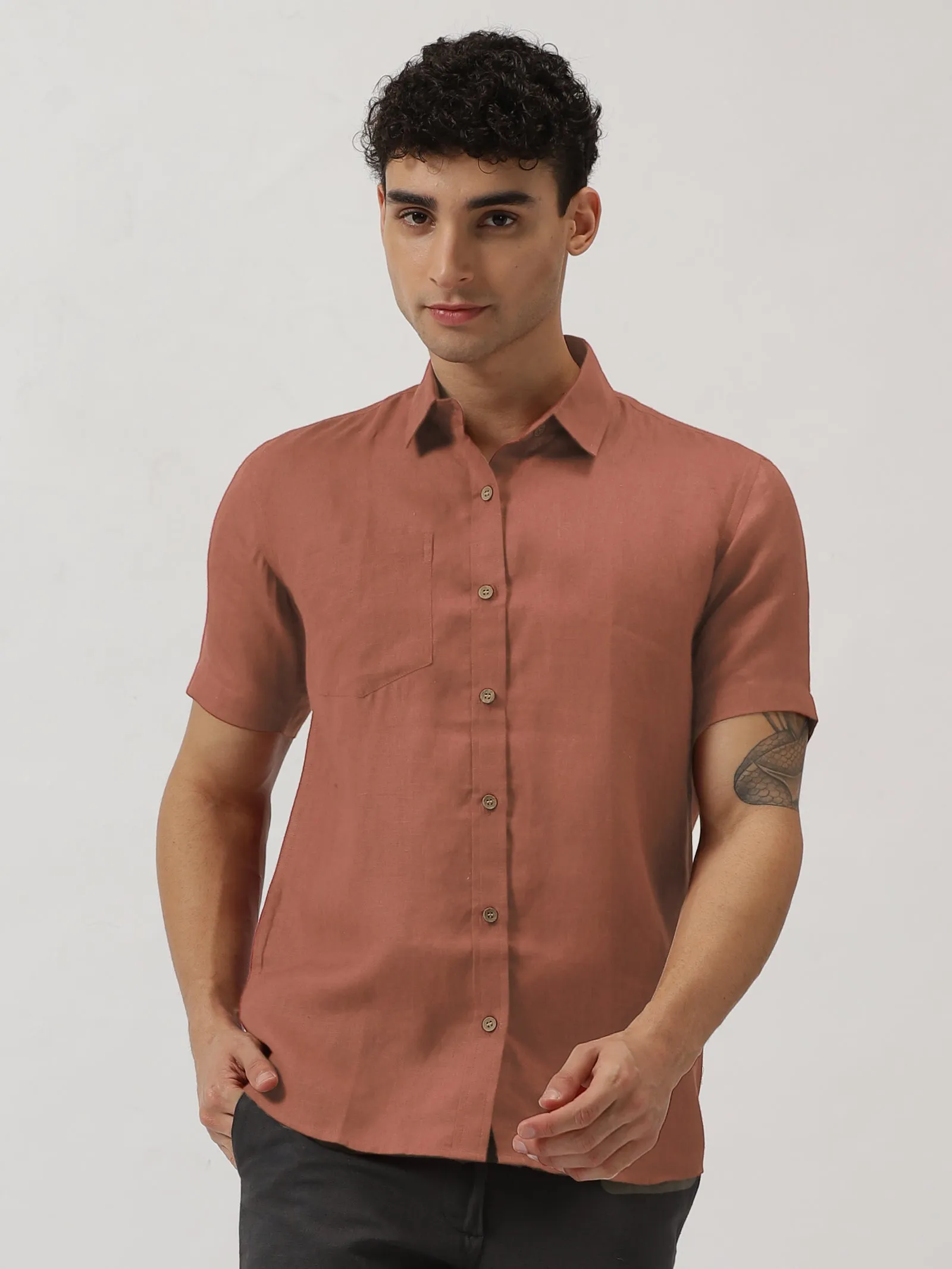 Harvey - Pure Linen Half Sleeve Shirt - Fondue Pink