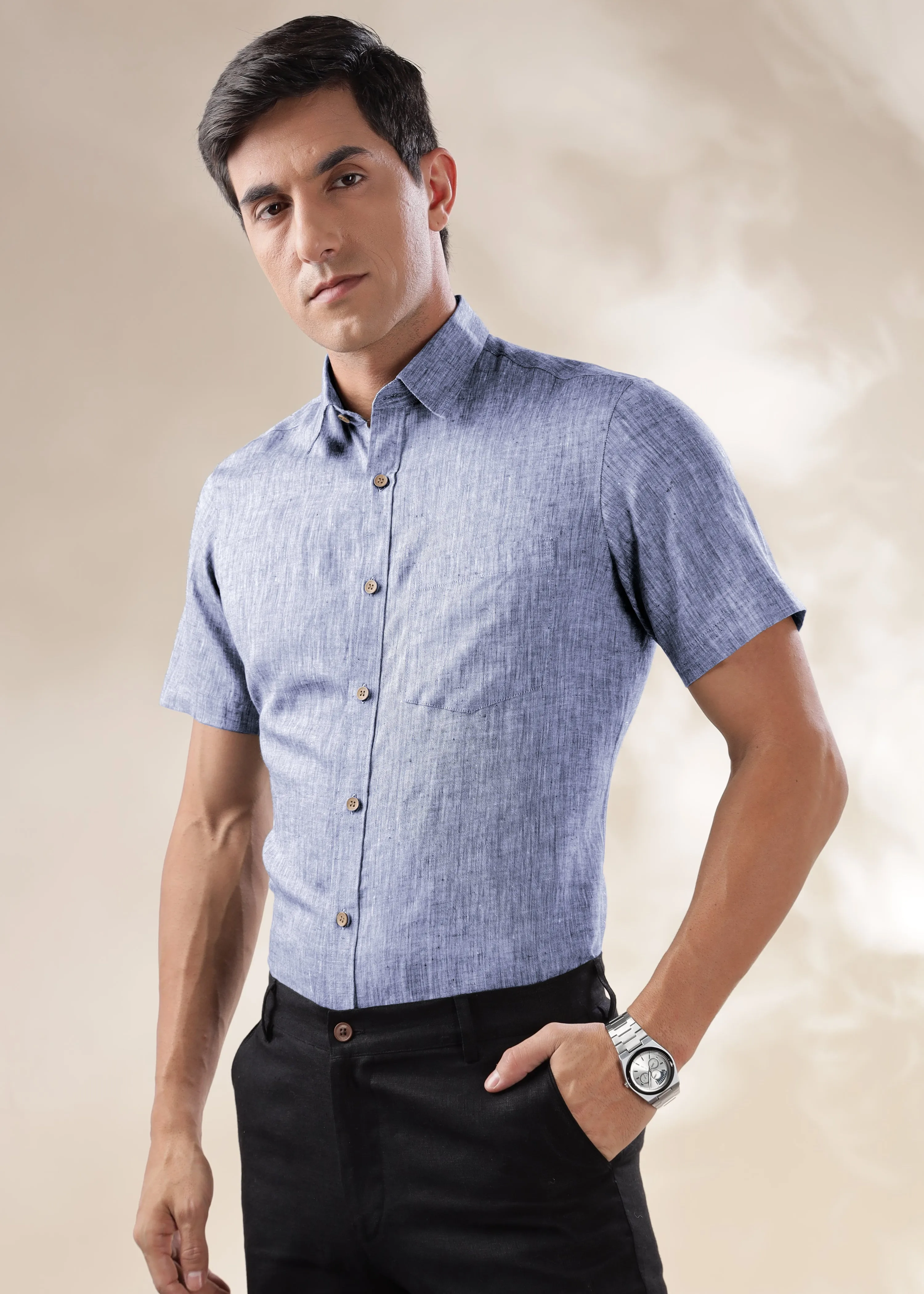 Harvey - Pure Linen Half Sleeve Shirt - Indigo Chambray